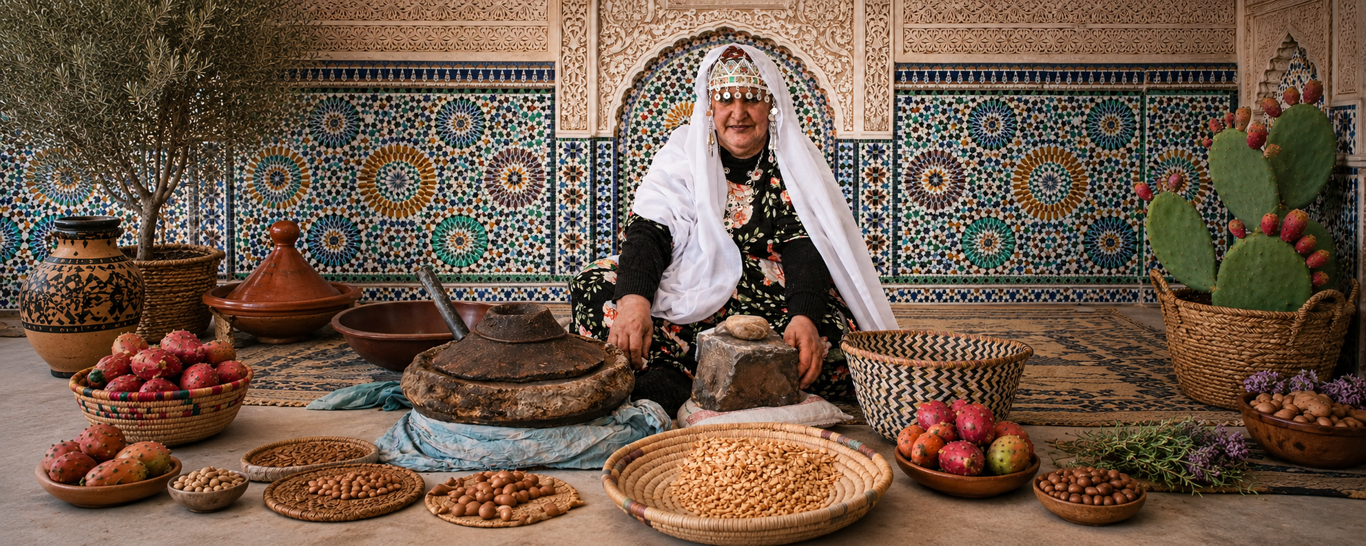 A craftswoman in traditional dress in a Moroccan zellige courtyard with prickly pear fruit, argan, and cold-pressed oils